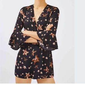 Topshop Star Romper Black Rust Copper Brown White Flare Ruffle Sleeve Crossover